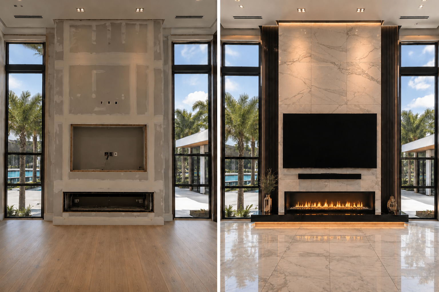 Modern fireplace tile wall before and after remodel