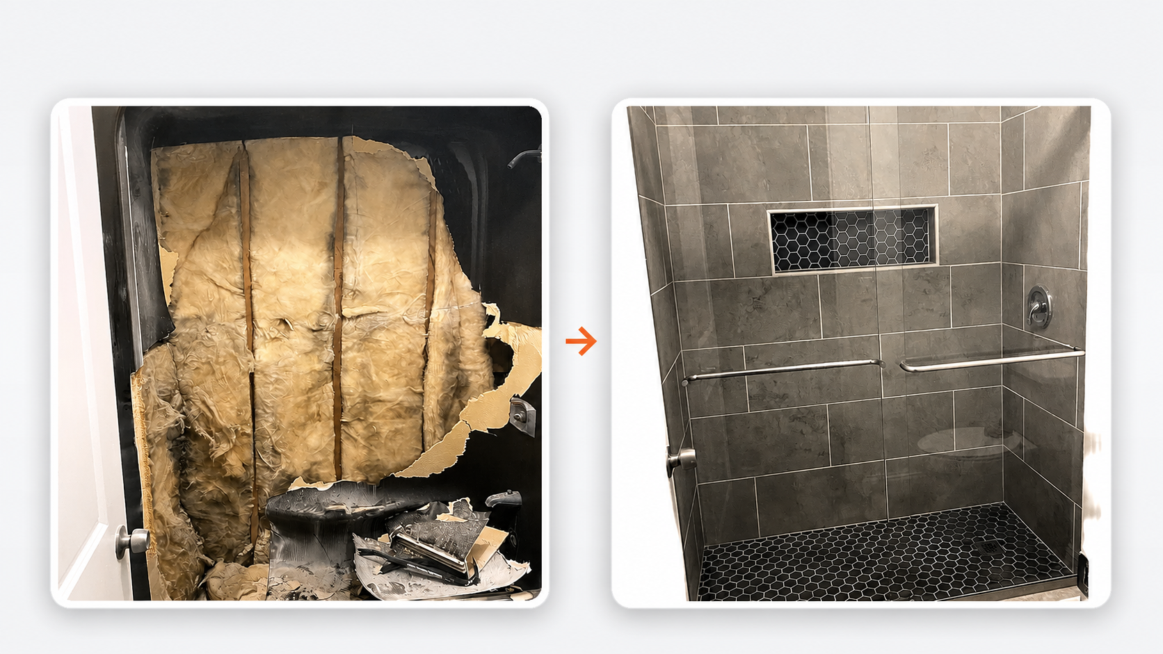Large-format tile detail before and after shower remodel
